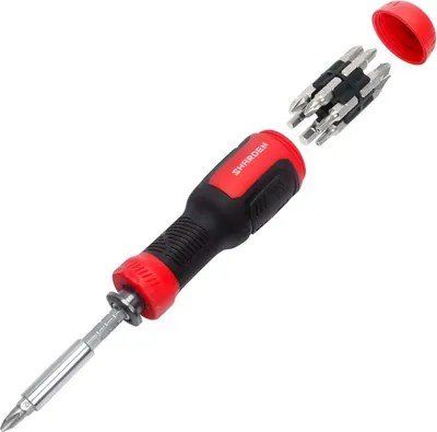 A disassembled multibit screwdriver set with bits stored in the handle and a cap off.