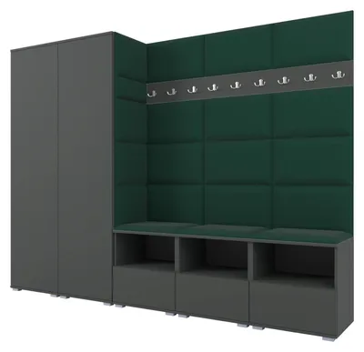 Produktbild von Garderobe NELA VII 250 cm Modulare Flurmöbel XL Graphit mit Sitzpolster Flaschengrün 28 (2 Schränke)