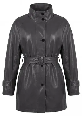 Produktbild von Schlichte Damen Jacke grau mit Stehkragen, Gürtel und praktischen Taschen Größe M