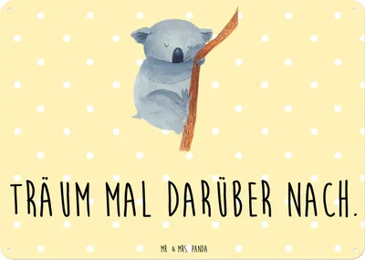 Produktbild von Mr. & Mrs. Panda Wandbild Koalabär DIN A6 - Gelb Pastell - Geschenk, schlafen, Bär, Lustige Sprüche, tafel, Schlafzimmer, Koala, Türschild, Schild, Traumland, Blechschild