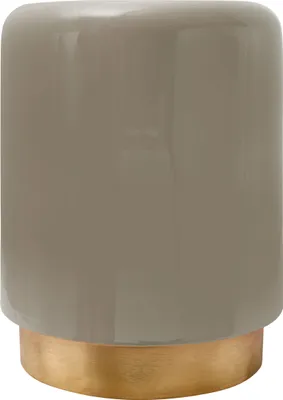 A cylindrical side table with a taupe top and a gold base.