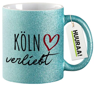 Produktbild von Huuraa Glitzertasse Köln verliebt 330ml Blau Keramik Kaffeebecher Geschenkidee