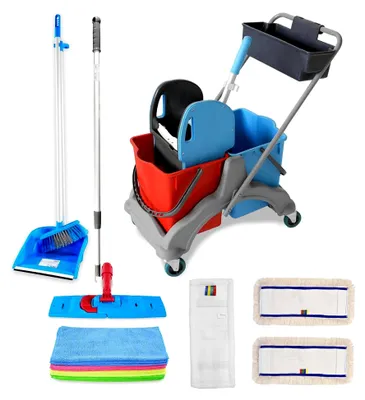 Produktbild von Reinigungswagen mit Korb Set 50 cm | 2 x 25 l Eimer mit Wischmopp-Presse und Kehrgarnitur | inkl. 2X 50cm Baumwoll Mopp, 1x Mikrofaser-Mopp | je 3 Mikrofasertücher in rot, gelb, grün, blau