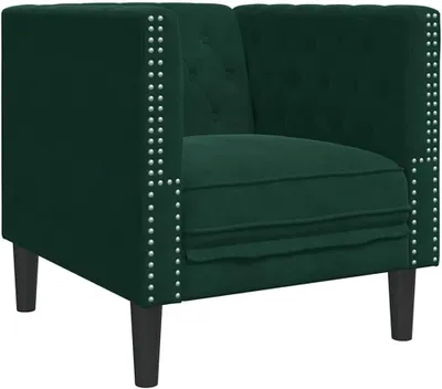 Produktbild von Chesterfield-Clubsessel aus dunkelgrünem Samt mit dicker Polsterung und Knopfheftung, bequemer Polstersessel mit stabilen Beinen für das Wohnzimmer