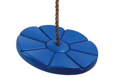 A blue plastic swing seat with a rope attached, isolated on a white background.