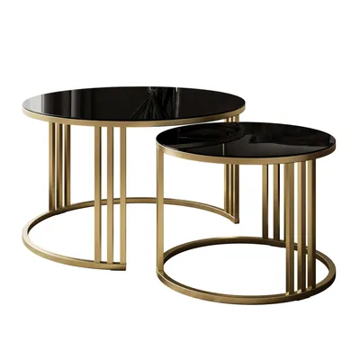 Produktbild von Runder Couchtisch 2in1 LORI GLASS gebürstetes Gold, schwarzes Glas