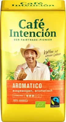 A bag of coffee with a man in a cowboy hat on it.