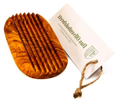Produktbild von DAS ® Seifenschale aus Olivenholz, Seifenablage geriffelt, oval 13cm x 9cm