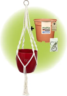 Produktbild von MePla - Set - Ampel Makramee Naturbeige - Basel ø19 Bordeaux + Kulturtopf ø18 + Beipack-Set 21550-001