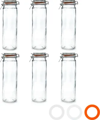 Six tall, clear glass jars with orange seals and metal clasps are arranged in two rows of three on a white background. Three white and one orange ring seals are visible in the bottom right corner.
