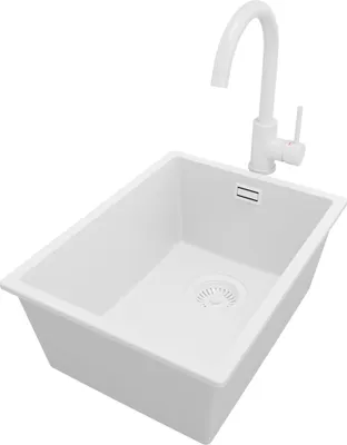 Produktbild von PRIMAGRAN Granitspüle Alles Weiß 36x47cm, Spülbecken 1 Becken + Küchenarmatur 32x20cm + Ablauf-Set, Küchenspüle ab 40er Unterschrank - London Slim