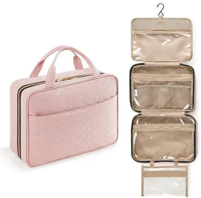 Image de Grande trousse de toilette de voyage rose pour femme, trousse de toilette avec compartiments