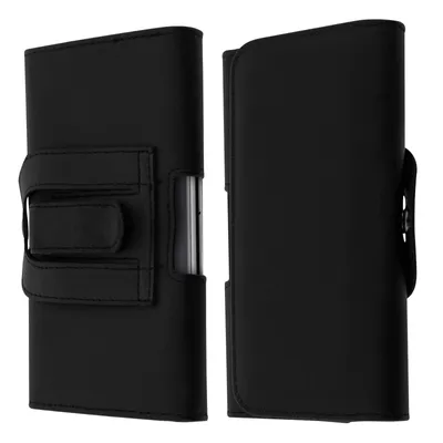 Two views of a black smartphone belt pouch are shown against a white background.