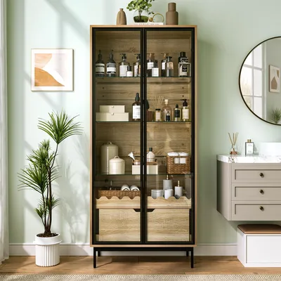Image de Armoire haute avec porte en verre, étagères en verre réglables en hauteur, buffet avec tiroir, pieds en métal, meuble de rangement de 75x35x170,8 cm, noir et bois naturel