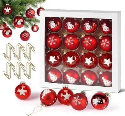 Produktbild von Famanu Weihnachtsbaumkugeln Set 16 Stück 6 cm Rot Weiß 4 Designs - Inkl. Haken