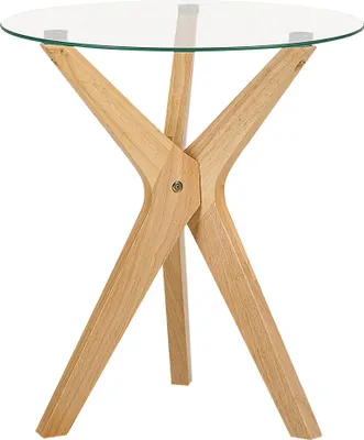 Produktbild von BELIANI Beistelltisch Transparent Sicherheitsglas ø 45 cm Rund mit X-Beinen Hellbraun Gummibaumholz Modern Wohnzimmer Schlafzimmer Ausstattung Möbel