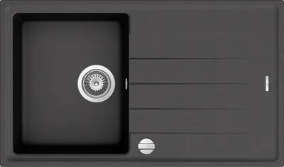 A top-down view of a dark gray kitchen sink with a drain and a ribbed drying area.