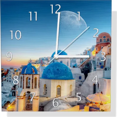 Produktbild von Wallario Design Wanduhr Urlaub auf Santorini aus Aluverbund, Größe 30 x 30 cm