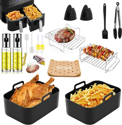 Produktbild von 2er Set Airfryer Zubehoer und Oelsprueher fuer Ninja Foodi AF300EU AF400EU, 11 teiliges, Kit Silikonform Grillrost Edelstahl Glas, BPA frei, Silber