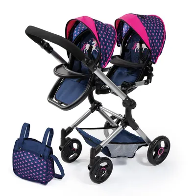 Image de Bayer Design 26254AA Landau jumeaux pour poupée, poussette, réglable, pliable, panier intégré, sac, compatible avec siège auto EasyGo