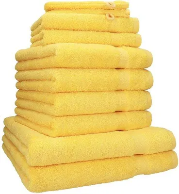Imagen del producto de Juego de toallas de algodón Unyqoos® de 12 piezas, color amarillo – 100% algodón, incluye: toallas para manos, para invitados, para ducha y guantes de baño (tamaños: 140x70 cm, 100x50 cm, 50x30 cm, 30x30 cm, 16x21 cm)