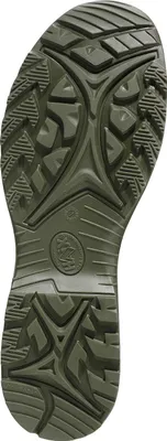 The sole of a green boot is shown from an underneath view.