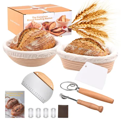 Immagine prodotto di Set di cestini per lievitazione del pane UnboxG, rotondo (diametro 23 cm) e ovale (24,5 cm), accessori per la panificazione con lievito madre, inclusi: coltello per pane, spatola per impasto, mescolatore per impasto, 4 lame e ricettario. Set per la panificazione ideale per appassionati