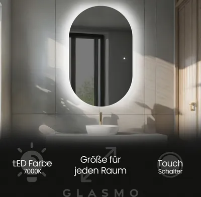 Produktbild von Spiegel mit Beleuchtung 80x140 cm Bianca - Vertikal Oval Badezimmerspiegel mit LED Beleuchtung - Kaltweiß 7000K - LED Badspiegel Lichtspiegel mit Touch Schalter