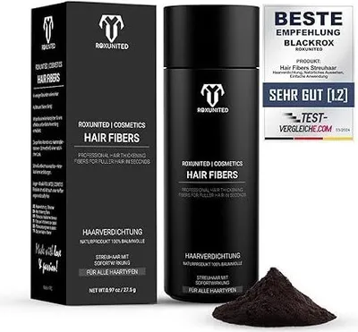 Produktbild von ROXUNITED Streuhaar & Haarpuder, Vergleichssieger 2026, Für Männer & Frauen, Perfekt zur Haarverdichtung & als Haarauffüller, Mittel Braun, 27,5 g