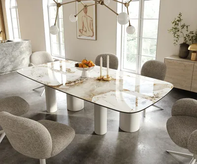 Produktbild von DELIFE Esstisch Edge Boot 240x120 cm Keramik Minas Melange Weiß-Beige Pilier Metall Weiß