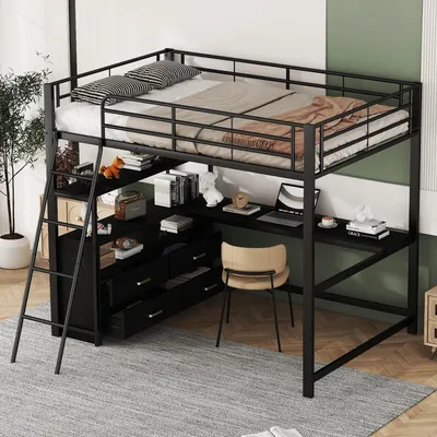 Produktbild von Hochbett, 140*200cm , Eisenrahmenbett, praktische Schubladen, stilvoller L-förmiger Schreibtisch, Laminatdesign, Ohne Matratze, Schwarz