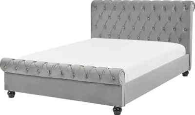 Produktbild von BELIANI Bett Grau 140 x 200 cm Samtstoff Stilvolle Versteppung Hohe Kopfteil Geschwungene Formgebung Chesterfield