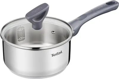 A stainless steel saucepan with a glass lid and a gray handle, shown on a white background.