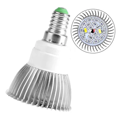 A close-up view of an LED plant grow light with a silver heatsink and a white base, set against a white background. A magnified inset shows the array of LEDs.