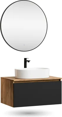 Produktbild von Planetmöbel ARISA Badmöbel Set Schwarz – Mit Veluna LED Spiegel und weißem Keramik-Aufsatzwaschbecken 55 cm