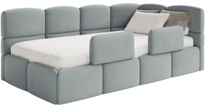 Produktbild von Selsey Cloudy – Kinderbett 90x200, Rausfallschutz, Kopfteil rechts, Samt Grau
