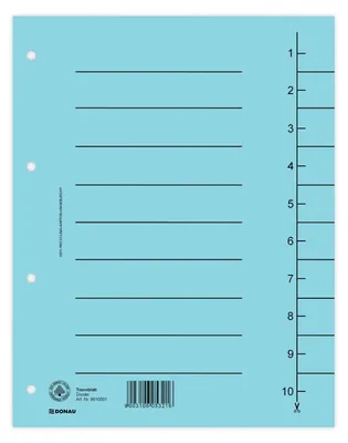 Produktbild von DONAU 8610001-10 100er Pack Trennblätter, Farbe: Blau/ Karton-Register überbreit