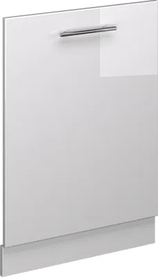 A white, high-gloss dishwasher front panel with a silver handle, standing on a light gray plinth.