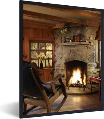 Produktbild von MuchoWow® Gerahmtes Poster Brennendes Feuer in einem Kamin 60x80 cm - Poster mit Schwarzem Bilderrahmen Wandposter Rahmen Foto Bilder - Premium - Wanddeko Wohnzimmer
