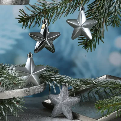 Produktbild von Christbaumschmuck STERN - Weihnachtsbaumschmuck - bruchfest - H: 7,5cm - silber - 6er Set