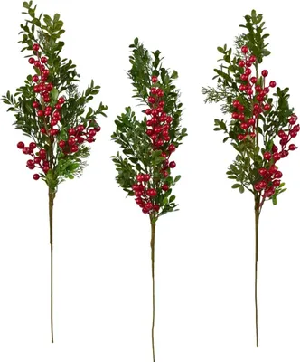 Zdjęcie produktu dla Gałązka ozdobiona jagodami i czarnym bzem 70 cm, zestaw 3 sztuk