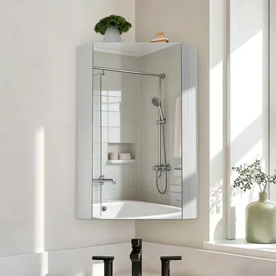 Image de Armoire miroir pour salle de bain, avec étagères réglables, dimensions 32 x 32 x 65 cm, blanc
