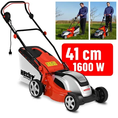 A lawnmower is shown in a studio shot and in use outdoors, with marketing text overlay.
