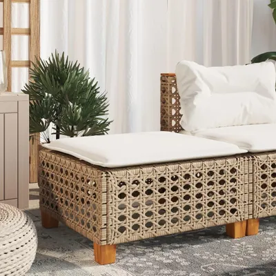 Produktbild von Beiger Gartenhocker mit Kissen, 63,5 x 56 x 32 cm, aus PE-Rattan, wetterfest, als Sitzhocker und Fußablage für Balkon, Terrasse und Garten