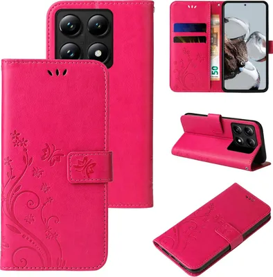 Produktbild von Handyhülle für Xiaomi 14T Floral Blumen Schmetterling Flip Cover Hülle Case Klapphülle Handytasche Farbe: Pink