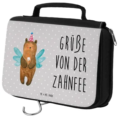 Produktbild von Mr. & Mrs. Panda Kulturbeutel Bär Zahnfee - Grau Pastell - Geschenk, Milchzahn, Waschbeutel, Teddy, badtasche, Fee, Waschtasche, Erster Zahn, Kosmetiktasche, Kulturtasche