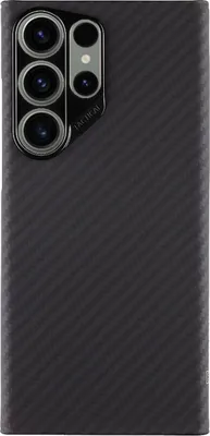 A close-up view of the back of a black smartphone case with a carbon fiber texture.