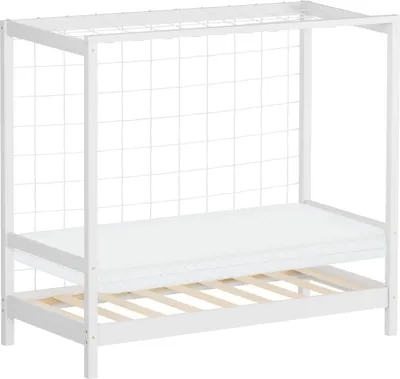 Obrázek produktu pro ML-Design dětská postel fotbalová branka 70x140 cm jednolůžko s matrací V:10cm bílá dřevěná postel s roštovým rámem a sítí postel pro mládež z borovicového dřeva házenkářská branka