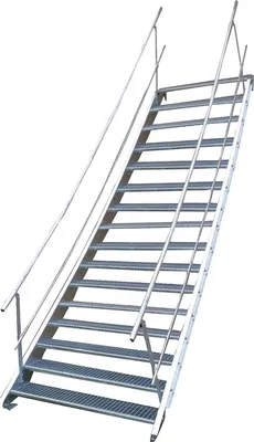 Produktbild von Tailor Made Metal Stahltreppe Wangentreppe, feuerverzinkter Stahl S235, 16 Stufen, Breite 100cm, Höhe variabel 274-340cm, Steigung 15-20cm, beidseitiges Geländer, U-Profil 50x215x30x6mm, für Außenbereich, Industrie & Gewerbe