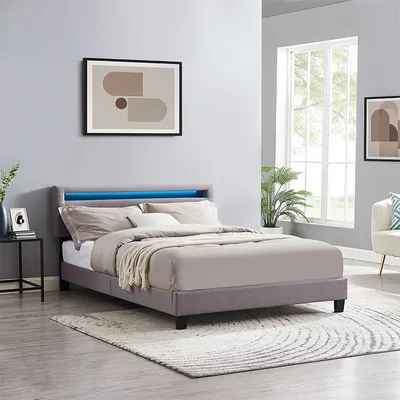 Produktbild von Polsterbett LEXINGTON 140x200 cm mit LED Beleuchtung, Bett Stoff Bezug, Einzelbett im skandinavischen Stil, bequemes gepolstertes Bett, Jugendbett inkl. Lattenrostt